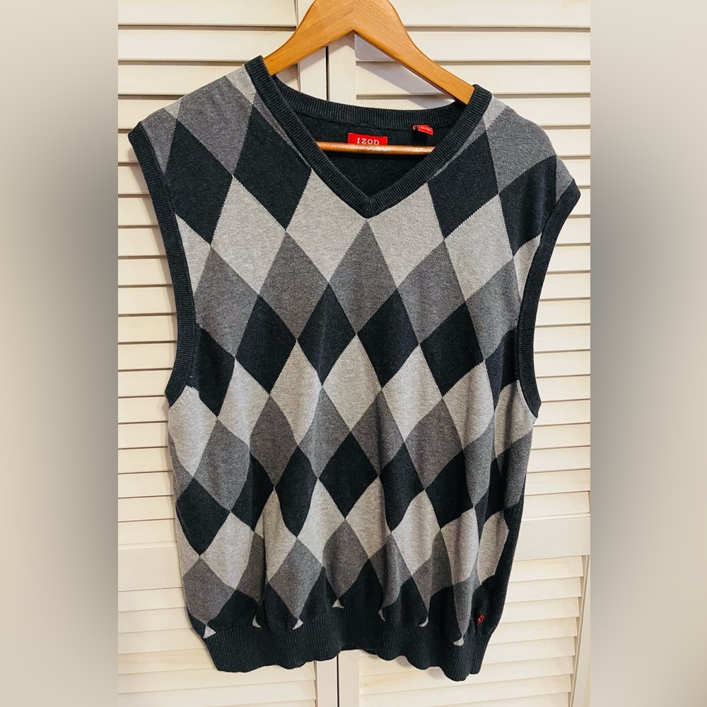 IZOD Mens Gray Argyle Sleeveless Pullover Sweater Vest Size XLT
